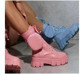 Botas de mujer con bolsillos y cordones, botas de motocicleta para mujer, botas de combate para mujer con hebilla y correa, botines con cremallera, zapatos de plataforma para mujer 35 blanco