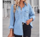 YYFS Moda Mujer Denim Otoño e Invierno Manga Larga Cuello POLO Casual Solapa Top Chaqueta S azul claro