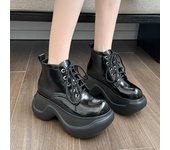 Botas cortas negras con plataforma gruesa de moda para mujer, botas hasta el tobillo de charol de estilo británico para mujer, zapatos de otoño 2024 con cordones y suela gruesa 35 beige