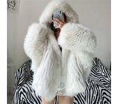 Abrigo de piel sintética de invierno, chaqueta de felpa para mujer, abrigo de piel sintética con capucha, chaqueta holgada y esponjosa de piel sintética para mujer L blanco