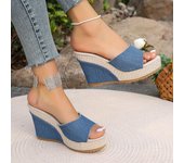 Sandalias casuales de color sólido para mujer, plataforma sin cordones con puntera abierta, zapatos de playa con cuña cómoda 36 negro