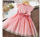 Vestido de verano con mangas voladoras y lazo con lentejuelas para niñas de 2 a 6 años, vestido de princesa rosa esponjoso de corte A para fiesta de cumpleaños de niña linda 90 color rosa