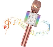 Micrófono de karaoke Bluetooth Sky Stone, micrófono inalámbrico, altavoz portátil, equipo de karaoke con cancelación de ruido y luz LED grabable a dúo. oro rosa