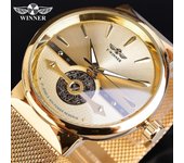 Reloj mecánico automático para hombre con correa de malla dorada WINNER, reloj informal de moda de alta gama, reloj resistente al agua
