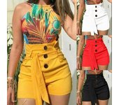 Pantalones cortos de playa ajustados de cintura alta para mujer con cinturón M blanco