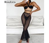 Bikini envolvente con cuello Halter para mujer, traje de baño para mujer, conjunto de Bikini de tres piezas con pantalones de playa, bañador S negro