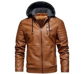 Chaqueta de cuero de motocicleta de otoño e invierno para hombre, chaqueta de cuero con cremallera y capucha engrosada de terciopelo, hermosa chaqueta de cuello alto L