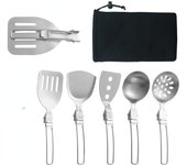 Picnic al aire libre Juego de 5 piezas de espátula para verduras plegable portátil de acero inoxidable 304, espátula para olla, cuchara para sopa, utensilios de cocina multifuncionales