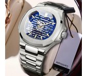 Reloj de negocios de lujo de marca superior, tecnología negra, reloj mecánico automático hueco luminoso de acero inoxidable para hombre, resistente al agua negro