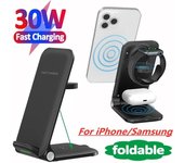 Soporte de cargador inalámbrico 3 en 1, estación de carga rápida Qi plegable de 30W para iPhone 14, 13, 12, Samsung Galaxy, Apple Watch, Airpods Pro For iPhone Black