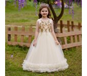 Vestidos formales de tul para dama de honor para niñas, elegante vestido de encaje bordado para fiesta de boda, vestido de princesa para niña, disfraz de cumpleaños 8Y champagne