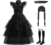 Vestido de miércoles Addams para niños, disfraces de Halloween, disfraz de fiesta de Cosplay 120 negro