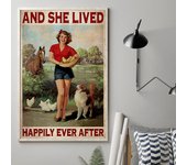 Póster vintage con cuadro de chica de granja con perro, pollo y caballo, impresión con frase  Ella vivió feliz para siempre , arte de pared para decoración del hogar 21X30cm No Frame