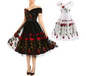 Vestido de fiesta bordado para mujer Flores rosas Malla de tul con hombros descubiertos Midi Skater Invitada a la boda Fiesta de cóctel Ocasiones formales especiales S de blanco