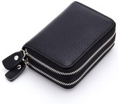 Mini billetera corta de cuero genuino para hombre y mujer, monedero de cuero de vaca, tarjetero sólido, ranuras para tarjetas tipo acordeón, bolsillo con doble cremallera café