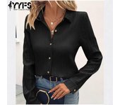YYFS Blusas y camisas de cuello tipo polo de manga larga con estampado de colores sólidos informales de moda para mujer para primavera y otoño S negro