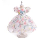Vestido de princesa floral con mangas abullonadas y falda de tul para niña, estilo europeo, verano 2024 130 cm
