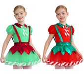 Falda tutú de ballet de jazz para niñas, disfraz de elfo navideño, traje de Año Nuevo, vestido de princesa con tirantes para fiestas, mono de baile 3-4 Years rojo