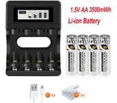 PALO Batería recargable de iones de litio AA de 3500 mWh y 1,5 V, pilas AA de ion de litio, celda AA con 4 ranuras, cargador de batería AA de ion de litio de 1,5 V
