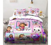 Juego de cama de casa de muñecas de dibujos animados de Gabby, juego de sábanas King Twin, juego de cama doble para niños, juego de funda nórdica de microfibra o poliéster EU single(135x200cm)
