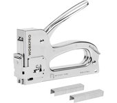 Grapadora manual WORKPRO con mango de cable y bloqueo de 3 pulgadas, 200 agujas de repuesto para papel tapiz, cuero, láminas, madera, muebles, grapadora, pistola plata