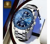 POEDAGAR Reloj para hombre, cronógrafo deportivo de moda, de acero inoxidable, relojes de cuarzo de primera marca, de lujo, resistente al agua, luminoso, con fecha, reloj de pulsera para hombre azul