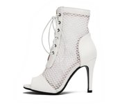 Sandalias de tacón alto de moda para mujer, zapatos de verano de malla negra y blanca, con punta abierta, zapatos de fiesta para baile jazz, talla grande 46 34