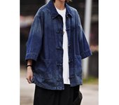 Chaqueta vaquera vintage de verano estilo chino para hombre y mujer, holgada, retro, con botones y lavado. M negro