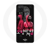 Coque Samsung Galaxy A12 Squid Game Affiche masques soldats logo coréen