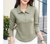 Polo de manga larga con solapa y dobladillo redondo y botones de color liso para mujer de otoño S blanco