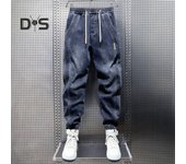 Pantalones vaqueros harén con bolsillos para las piernas, cintura elástica, cordones ajustables, pantalones vaqueros para hombre, pantalones deportivos de estilo callejero de color sólido L azul
