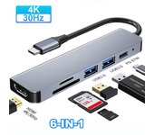 Adaptador Hub USB C tipo C 6 en 1 a 4K HDMI, tarjeta SD, TF, divisor de carga rápida PD, estación de acoplamiento tipo C para PC y portátil
