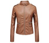 Chaqueta de cuero para mujer, chaquetas casuales de cuero de PU de color sólido para motocicleta XXL marrón