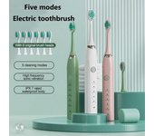 Cepillo de dientes eléctrico ultrasónico con 6 cabezales de repuesto, 5 velocidades, vibración, resistente al agua, blanqueador dental para adultos. verde