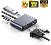 Estación de acoplamiento 4 en 1, adaptador USB C Hub tipo C a HDMI dual, expansión de pantalla 4K 60 Hz, USB 3.0 para computadora portátil, teléfono y PC