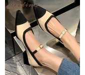 Meotina mujeres cuero genuino Mary Janes puntiagudos bloque tacones medios hebilla colores mezclados señora zapatos de moda primavera otoño Beige 34 beige