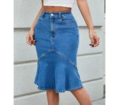 Women High Waist Denim Skirts Knee Length Stretch Jeans Ruffles Skirt S azul
