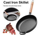 Sartén portátil de hierro fundido precurado con mango de madera para cocinar al aire libre y uso en la cocina. Mini sartén. 22cm negro