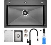 Fregadero de cocina de acero inoxidable 70×45cm, grifo extraíble, dispensador de jabón
