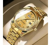 Reloj dorado completo de lujo de marca superior, reloj de cuarzo resistente al agua con esfera romana de acero inoxidable para hombre, reloj de mano luminoso con fecha automática