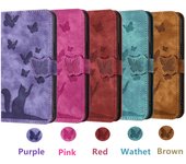 Funda de piel con relieve de gato mariposa para Xiaomi 14PRO - Redmi 13C5G con tapa y soporte para teléfono móvil Redmi Note 9 púrpura