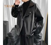 Chaqueta de hombre de piel sintética estilo motociclista, color liso, corte holgado, solapa, manga larga, cierre de cremallera, ropa de abrigo L negro
