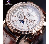 Forsining camiseta nueva para hombre, reloj multifuncional, correa mecánica automática, calendario, fase lunar, diamantes de imitación, reloj para hombre