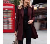 VEZFAA Moda mujer Casual Color sólido estampado Otoño Invierno manga larga cuello POLO chaquetas y abrigos S rojo