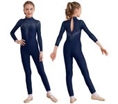 Ropa de baile de Jazz para niños, traje de empalme, gimnasia rítmica, ropa de escenario, disfraz de actuación, mono de patinaje artístico para niñas 11-12 Years azul marino