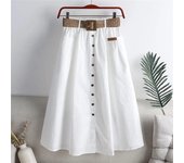 Falda midi de algodón con cinturón para mujer, falda larga de cintura alta con bolsillos grandes y una hilera de botones, falda larga de moda coreana para otoño y verano XXXL blanco