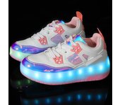 28-41 zapatos deportivos con luces para niños, zapatos para frotar, carga y desmontaje, zapatos deslizantes de dos ruedas, zapatillas LED brillantes para niños 28 blanco