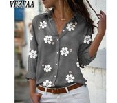 VEZFAA Blusas y camisas con cuello tipo POLO de manga larga con estampado de flores informales para primavera y otoño para mujer S gris