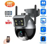 Cámara PTZ con Wifi de doble lente de 6MP, visión nocturna inalámbrica a Color para exteriores, cámaras de vigilancia de seguridad CCTV para el hogar, cámara IP de seguimiento automático EU Plug negro