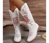 Botas de vaquero para mujer, botas de vaquera a media pantorrilla, botas altas hasta la rodilla con tacón grueso occidental bordado, botas de cuero sintético para mujer, botas casuales sin cordones 43 blanco